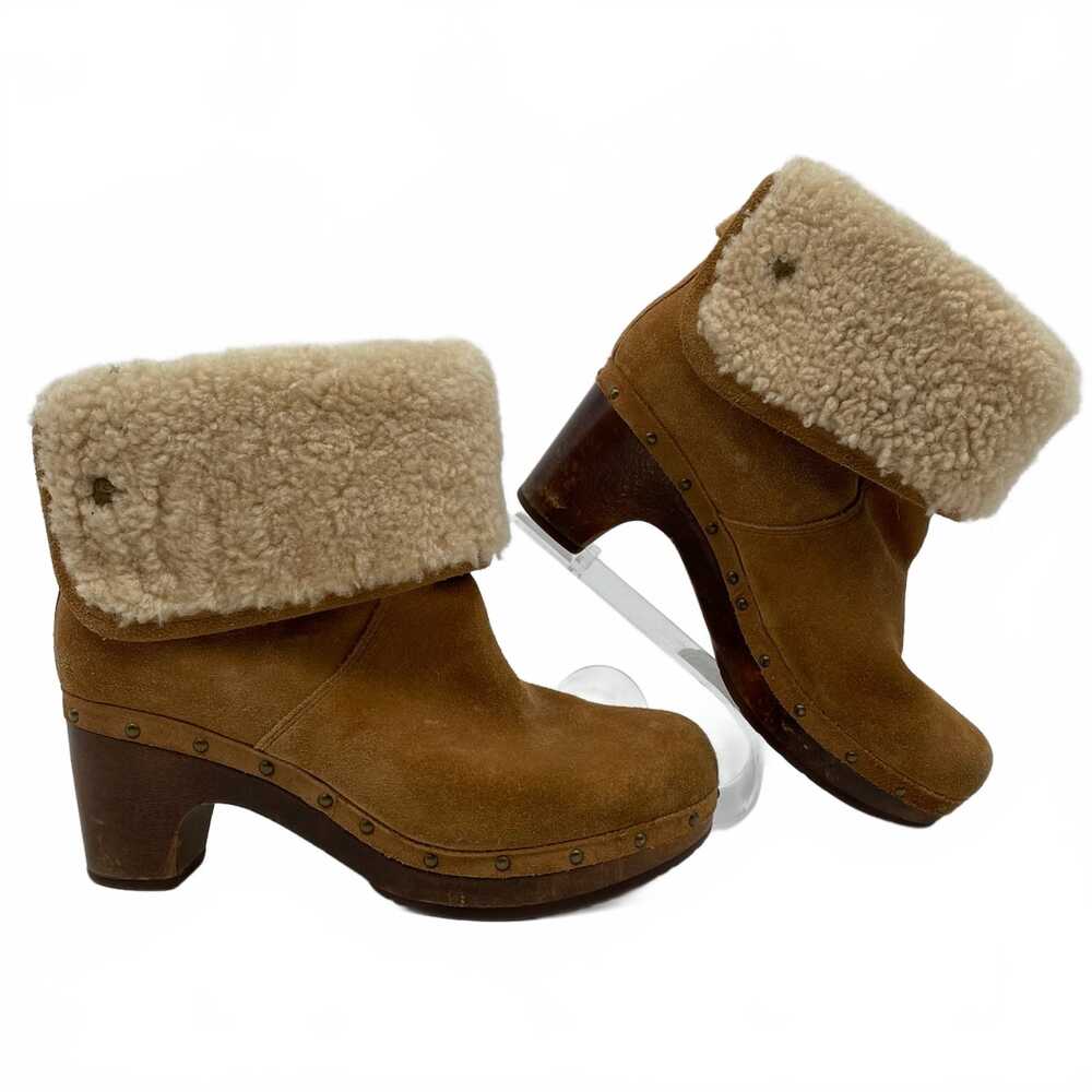 UGG Brown Heeled Boots Fold Over Shearling Ankle Booties | Womens 6